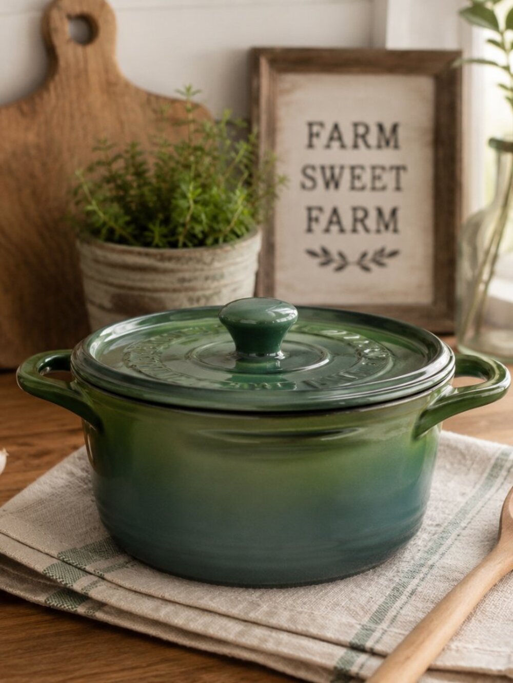 Vintage Pantin Green Ombre Ceramic Mini Dutch Oven Covered Casserole Cocotte